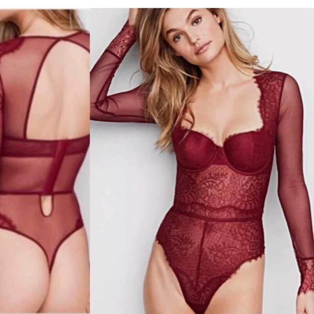 Victoria's Secret Bombshell Bodysuit Thong Long Sleeve Eyelash Lace Burgundy